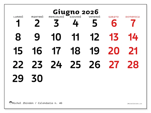 Calendario giugno 2026 da stampare - Visione chiara