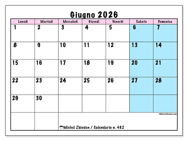 Calendario giugno 2026 da stampare - Orario di squadra