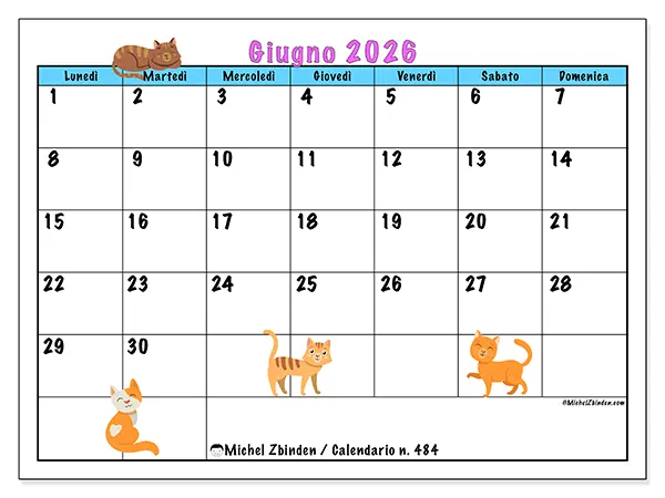 Calendario giugno 2026 da stampare - Amore per i gatti