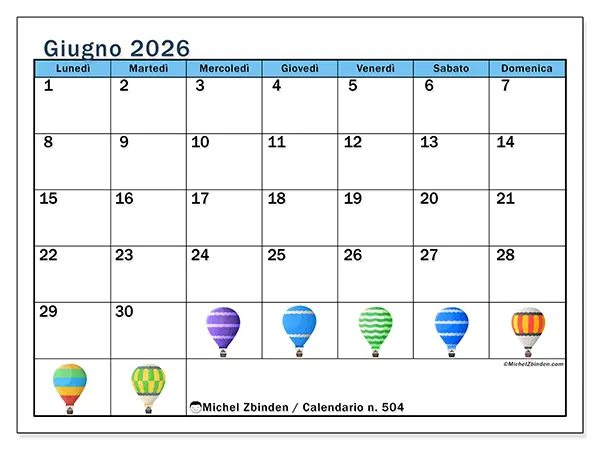 Calendario giugno 2026 da stampare - Mongolfiere