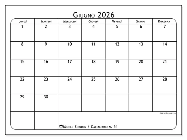 Calendario giugno 2026 da stampare - Pianificatore dei pasti