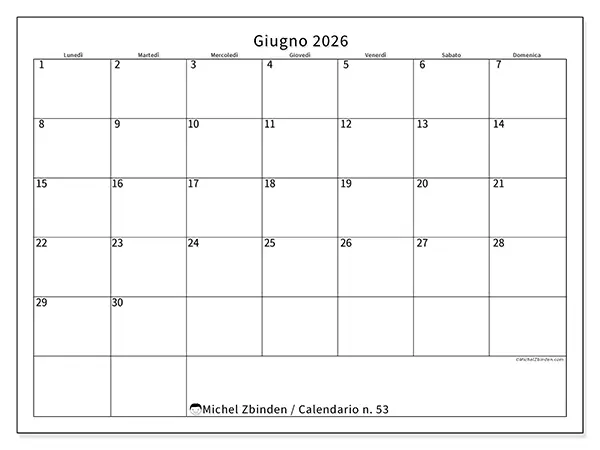Calendario giugno 2026 da stampare - Orario efficiente