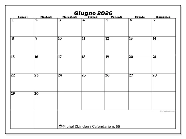 Calendario giugno 2026 da stampare - Organizzazione del tempo libero
