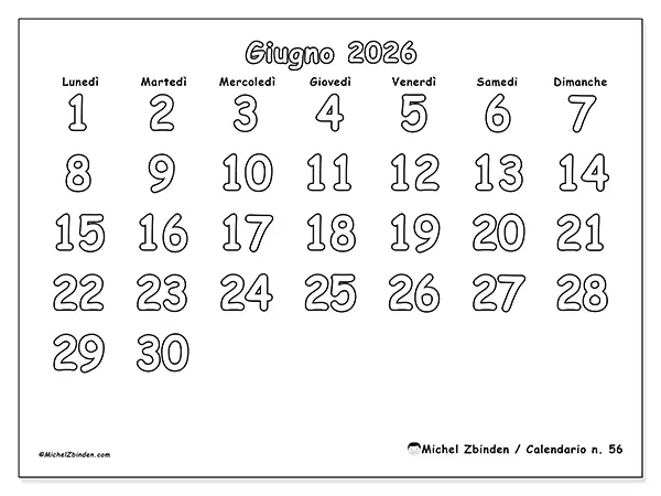 Calendario giugno 2026 da stampare - Colorare utile