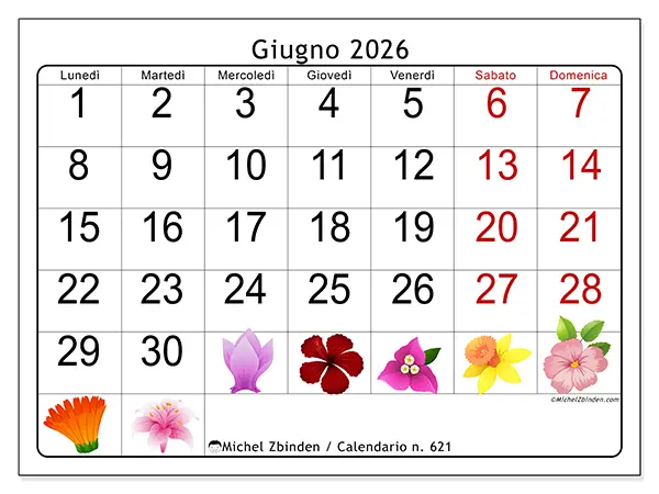 Calendario giugno 2026 da stampare - Grandi fiori