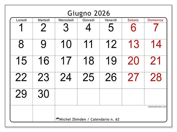 Calendario giugno 2026 da stampare - Lettura rapida