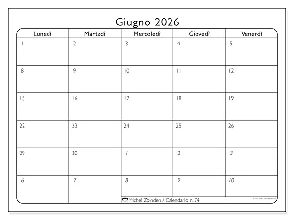Calendario giugno 2026 da stampare - Organizzazione del lavoro