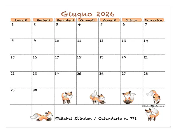 Calendario giugno 2026 da stampare - Disegni di volpi