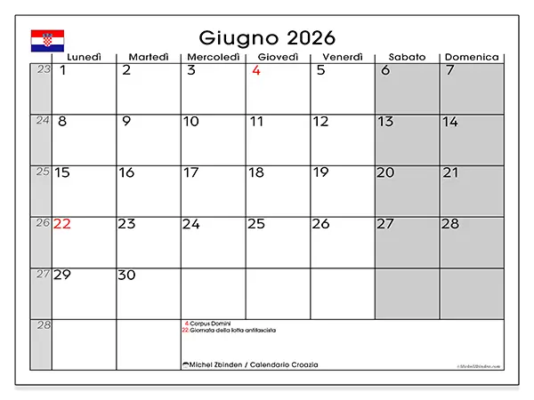 Calendario giugno 2026 da stampare - Croazia