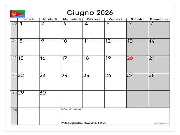 Calendario giugno 2026 da stampare - Eritrea