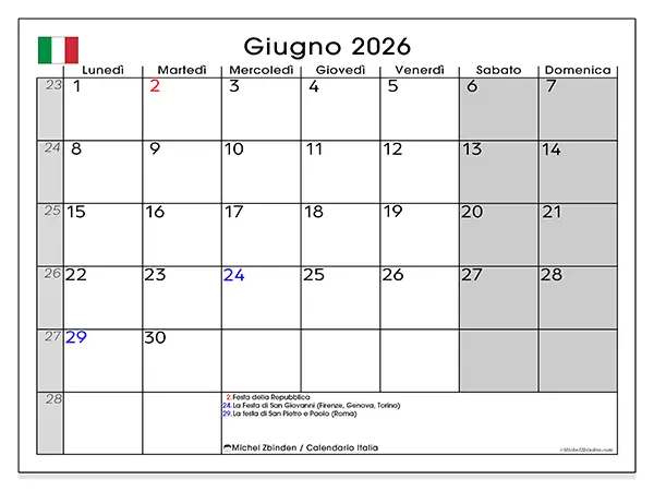 Calendario giugno 2026 da stampare - Italia