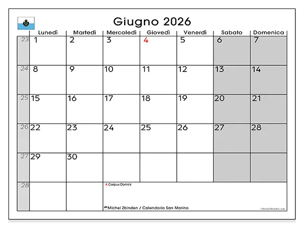 Calendario giugno 2026 da stampare - San Marino