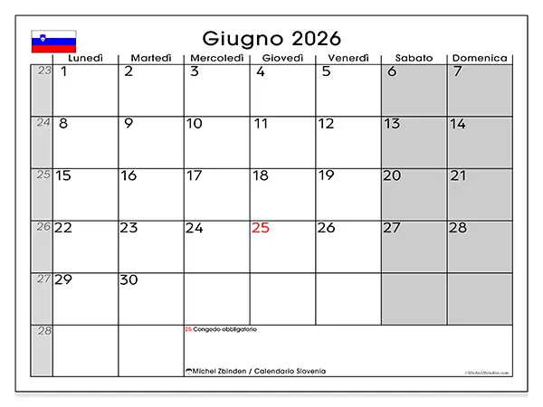 Calendario giugno 2026 da stampare - Slovenia