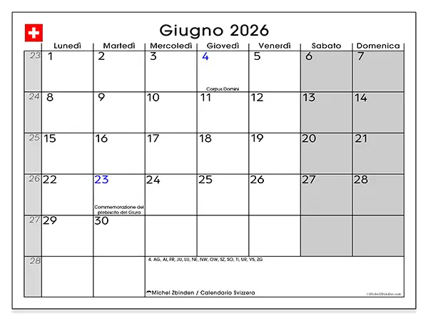 Calendario giugno 2026 da stampare - Svizzera