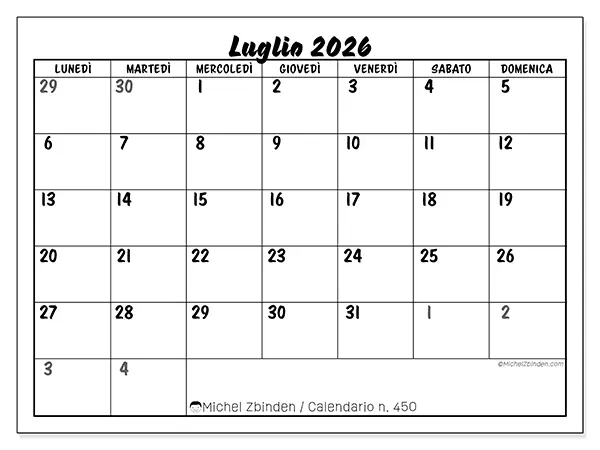 Calendario luglio 2026 da stampare - Organizzazione dettagliata