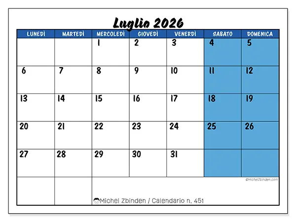 Calendario luglio 2026 da stampare - Organizzazione dinamica