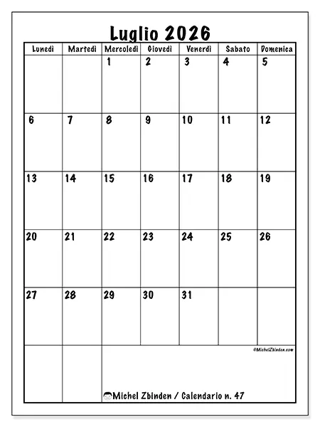 Calendario luglio 2026 da stampare - Pianificazione efficiente