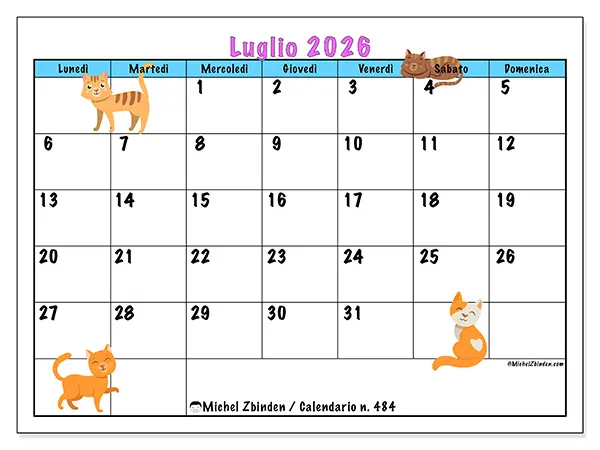 Calendario luglio 2026 da stampare - Amore per i gatti