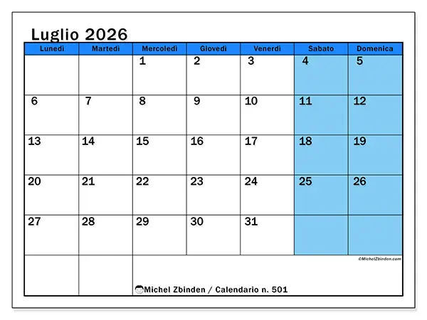Calendario luglio 2026 da stampare - Studi dinamici