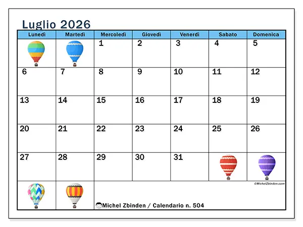 Calendario luglio 2026 da stampare - Mongolfiere