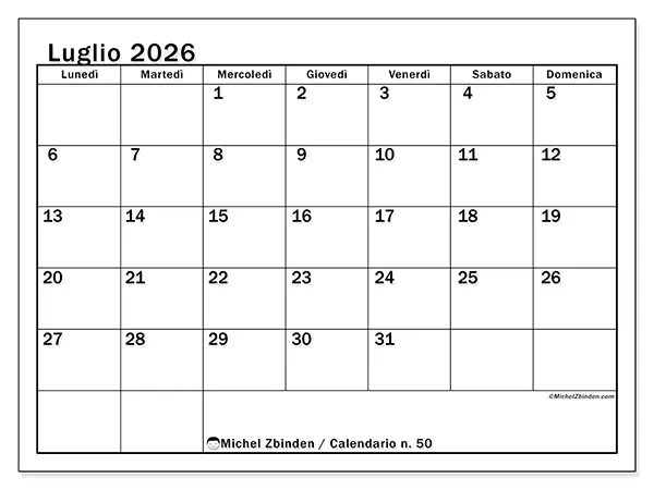 Calendario luglio 2026 da stampare