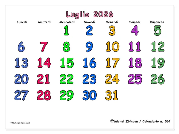 Calendario luglio 2026 da stampare - Momenti creativi