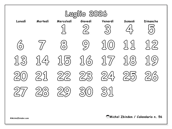 Calendario luglio 2026 da stampare - Colorare utile