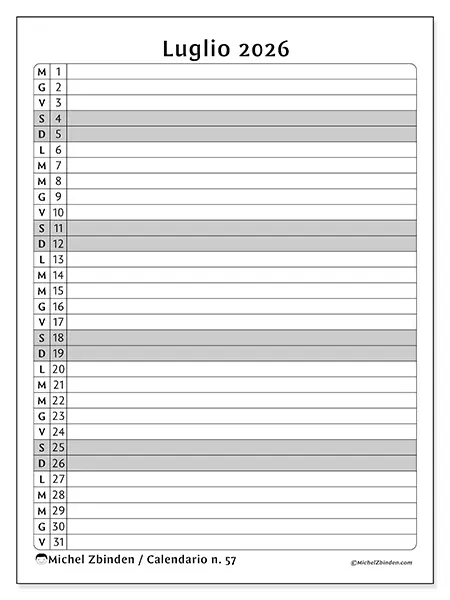 Calendario luglio 2026 da stampare - Lista delle attività