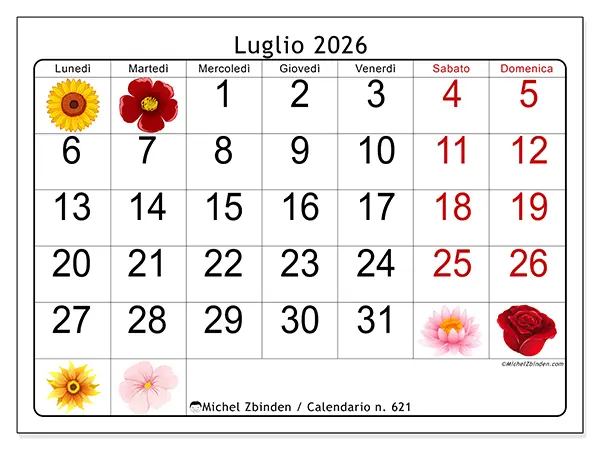 Calendario luglio 2026 da stampare - Grandi fiori