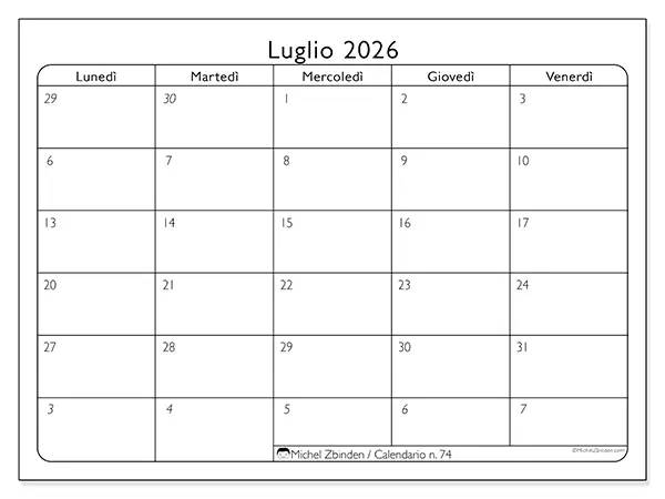 Calendario luglio 2026 da stampare - Organizzazione del lavoro