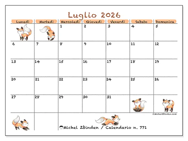 Calendario luglio 2026 da stampare - Disegni di volpi