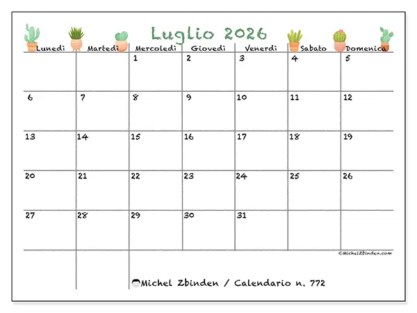 Calendario luglio 2026 da stampare - Cactus decorativi