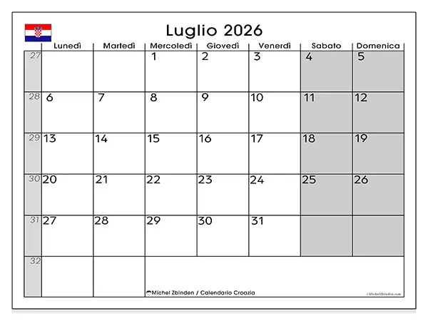 Calendario luglio 2026 da stampare - Croazia