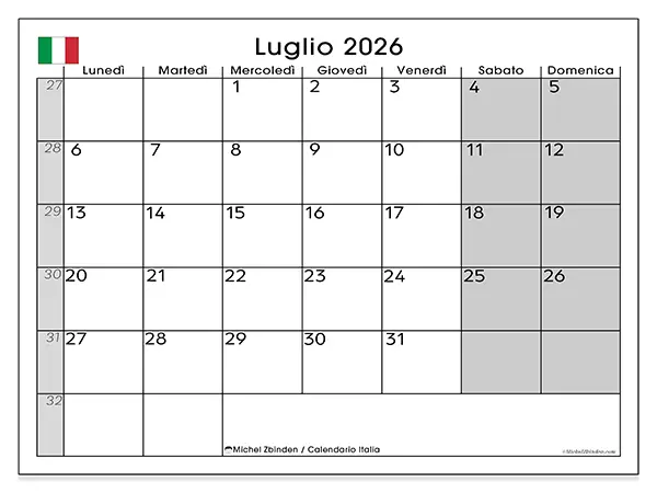Calendario luglio 2026 da stampare - Italia
