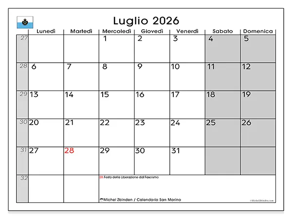 Calendario luglio 2026 da stampare - San Marino