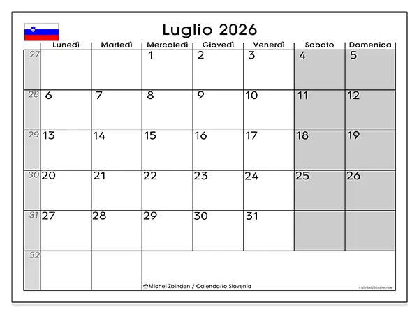 Calendario luglio 2026 da stampare - Slovenia