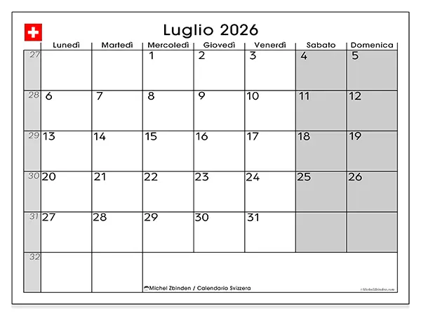 Calendario luglio 2026 da stampare - Svizzera
