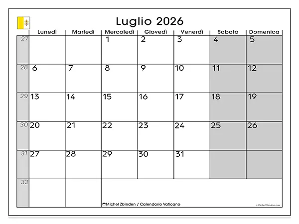 Calendario luglio 2026 da stampare - Vaticano
