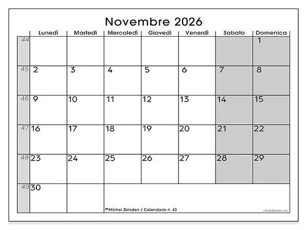Calendario novembre 2026 da stampare - Organizzazione perfetta