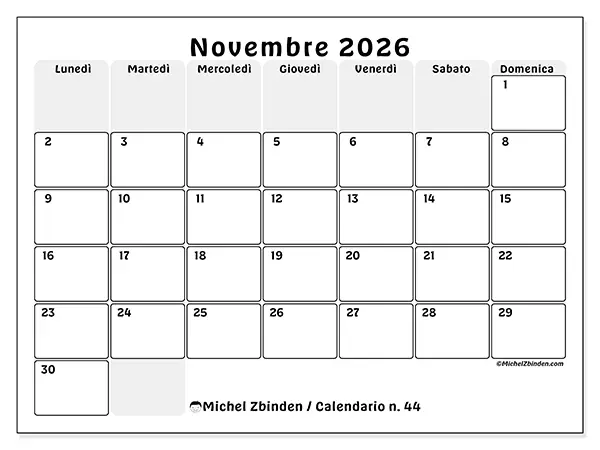 Calendario novembre 2026 da stampare - Pianificazione strutturata