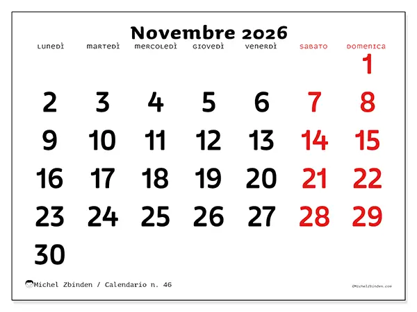 Calendario novembre 2026 da stampare - Visione chiara