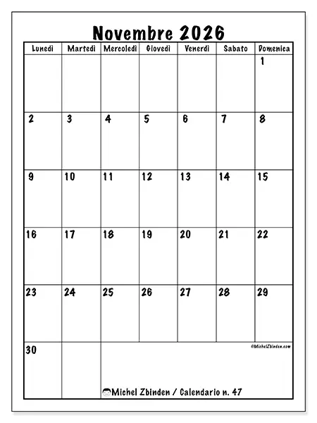 Calendario novembre 2026 da stampare - Pianificazione efficiente