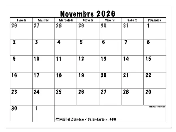 Calendario novembre 2026 da stampare - Pianificazione completa