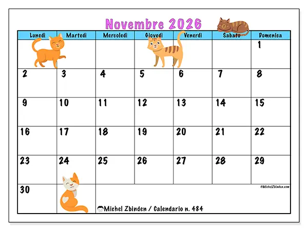Calendario novembre 2026 da stampare - Amore per i gatti