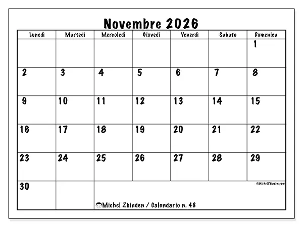 Calendario novembre 2026 da stampare - Efficienza quotidiana