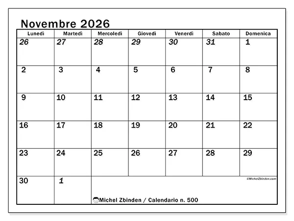 Calendario novembre 2026 da stampare - Pianificazione intensiva