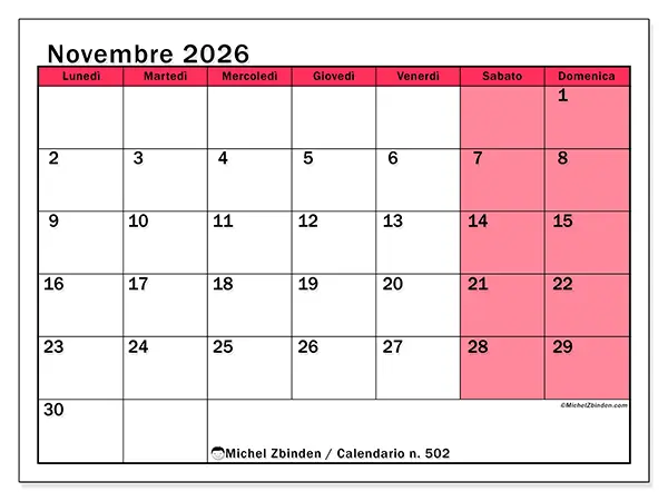 Calendario novembre 2026 da stampare - Gestione luminosa