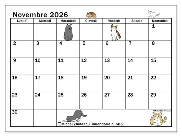 Calendario novembre 2026 da stampare - Vita di gatto