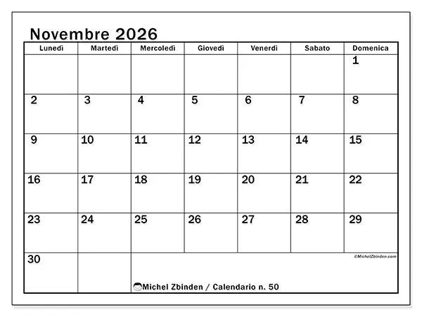 Calendario novembre 2026 da stampare - Pianificazione ottimale