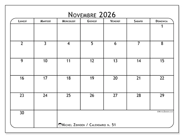 Calendario novembre 2026 da stampare - Pianificatore dei pasti